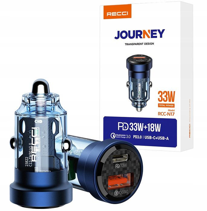 Szybka Ładowarka Samochodowa Usb-C Typ C I Usb Qc Pd 3A 33W Recci