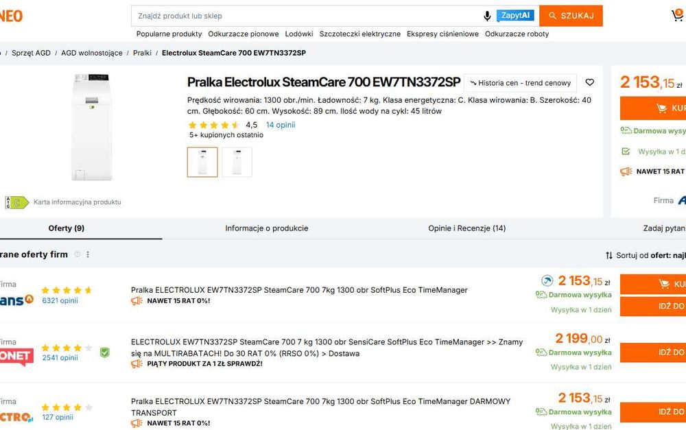 OUTLET nowa Pralka Electrolux inverter SteamCare 700 EW7TN3372SP K4