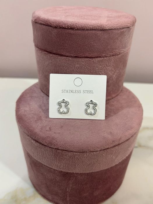 Srebrne kolczyki wkrętki cyrkonie miś stal chirurgiczna nierdzewna
