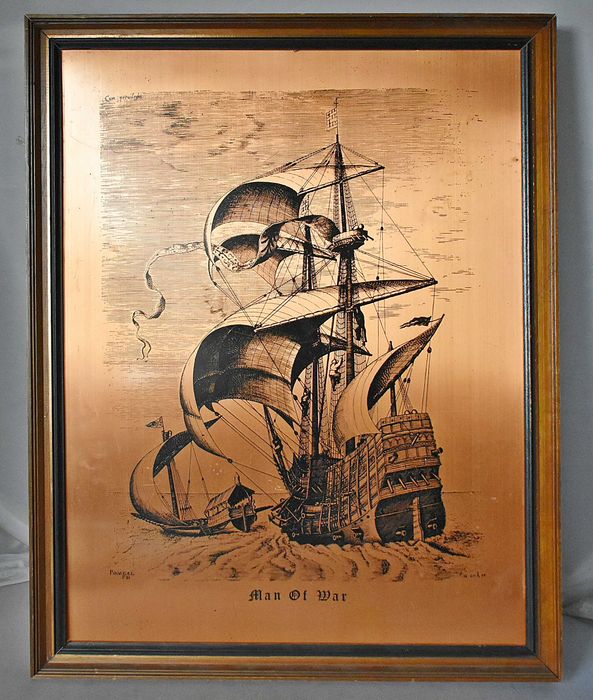 Oprawiony obraz statek " Man od War" Reprofukcja W MIEDZI DO AKWAFORTY