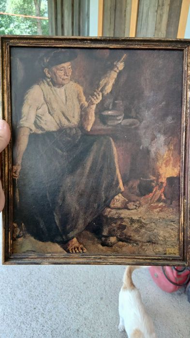 Oleografia antiga emoldurada - Velha Fiando de João Augusto Ribeiro