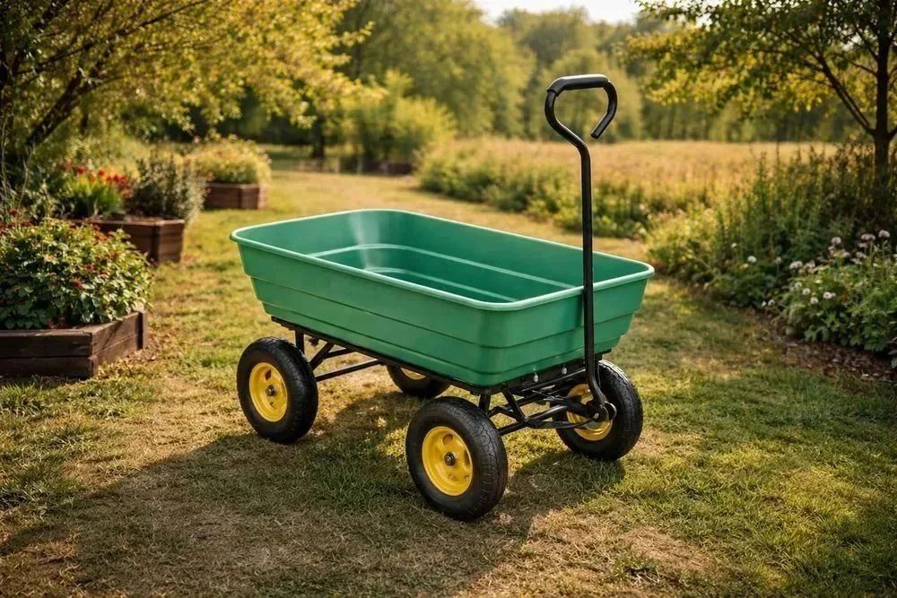 NOWY Wózek Transportowy 200kg / 75 litrów Ogrodowy Taczka Wywrotka Przyczepka Skrętna Z Uchwytem Metalowy Do Ogrodu Wożenia Piachu Dzieci Na Działkę