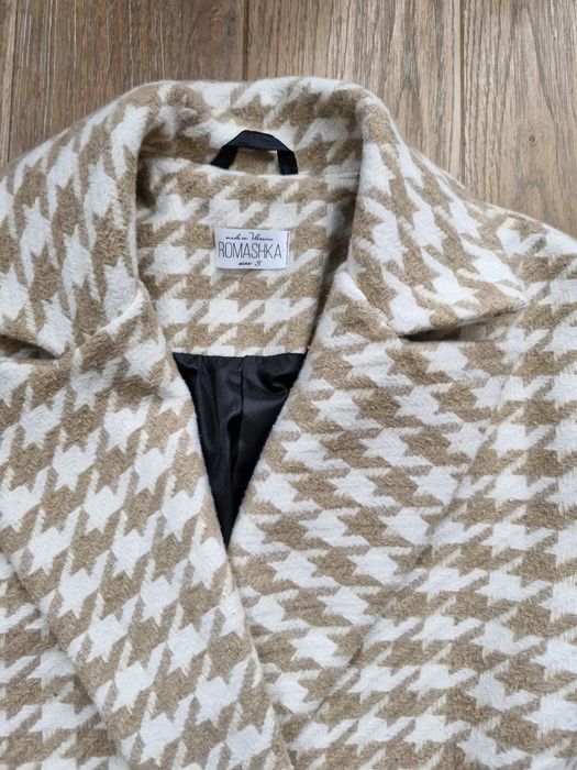 Пальто пряме в гусячу лапку бежеве Romashka розмір S з шерстю
