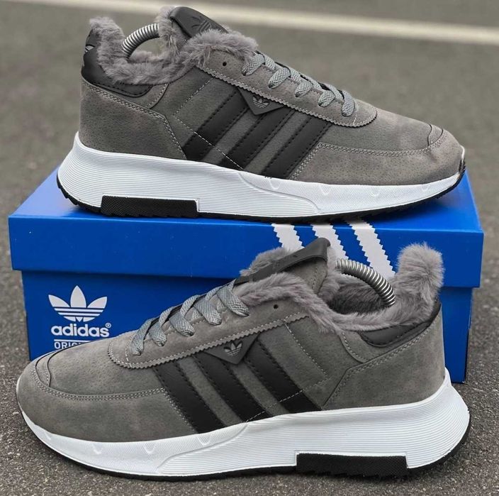 Зимние мужские кроссовки Адидас замшевые на меху серые Adidas