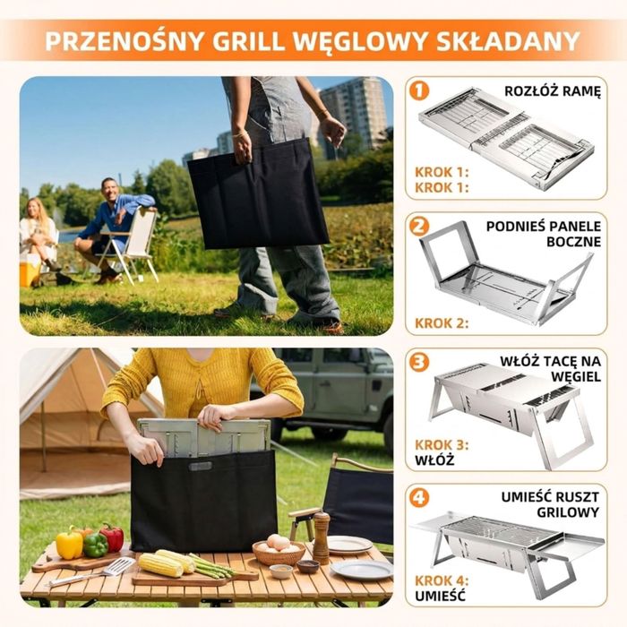 Składany grill węglowy przenośny kemping piknik plaża + torba rękawiczki