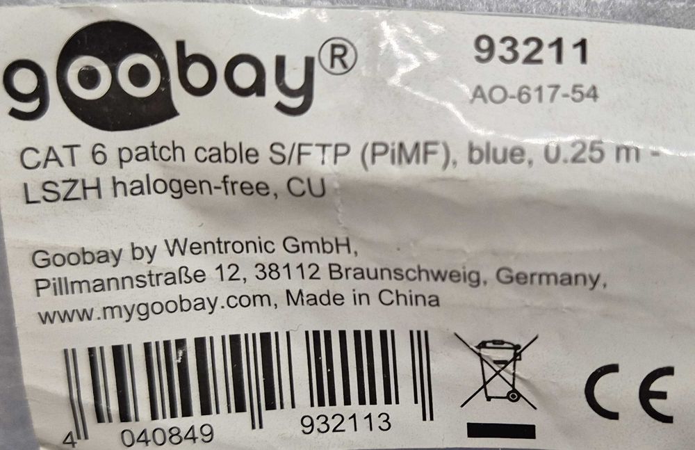 Cabo Ethernet cat.6 0,25 metros Goobay azul NOVO