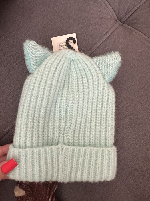 Kotek czapka na zimę dla dziewczynki w kolorze miętowym z uszkami
