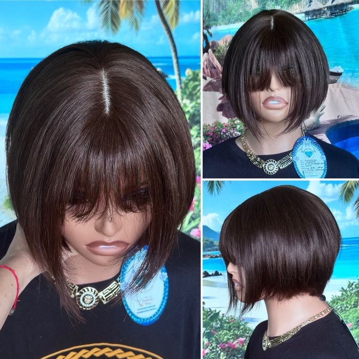 Натуральный парик кожа шёлк славянка русые волосы боб каре с чёлкой