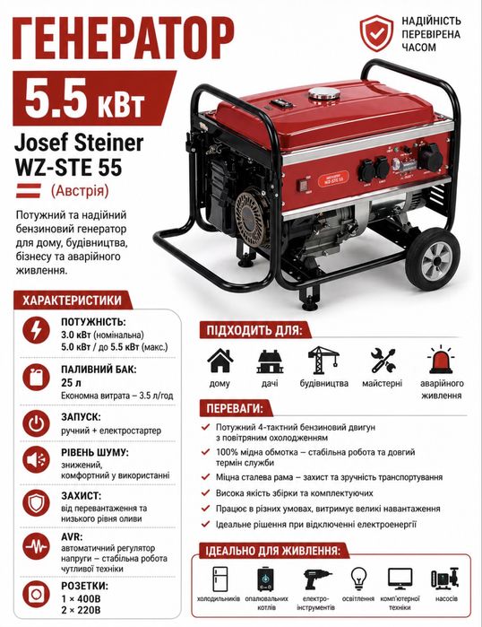 продам новий трифазний бензиновий генератор Josef Steiner WZ-STE 55