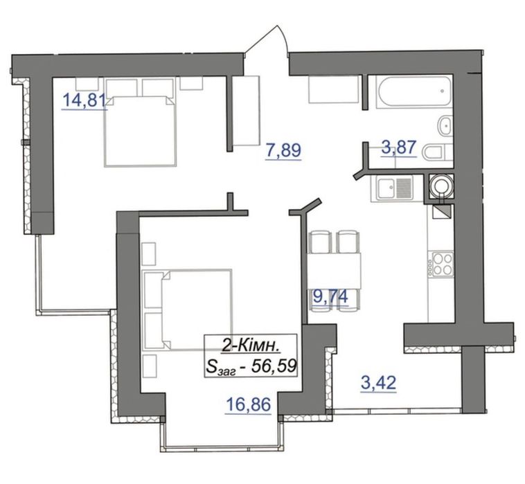 Продаж 2к квартири 56.59 м2 у ЖК Каскад Ярко