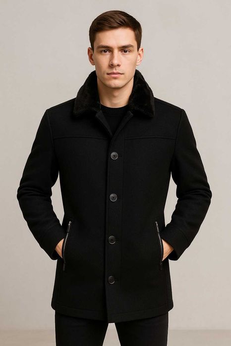 Пальто чоловіче чорне 46 / нове / знімний хутряний комір / тепле