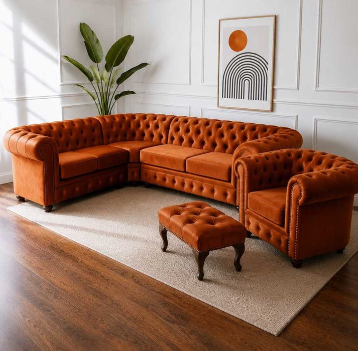 Zestaw Chesterfield Classic NAROŻNIK FOTEL PUFA | ceglany | pomarańczowy | NOWY | Producent | Jakość Premium