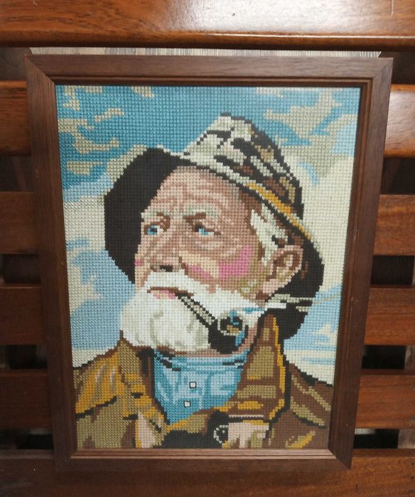 Quadro Vintage Ponto de Cruz Velho Marinheiro com Cachimbo – Holanda Anos 80