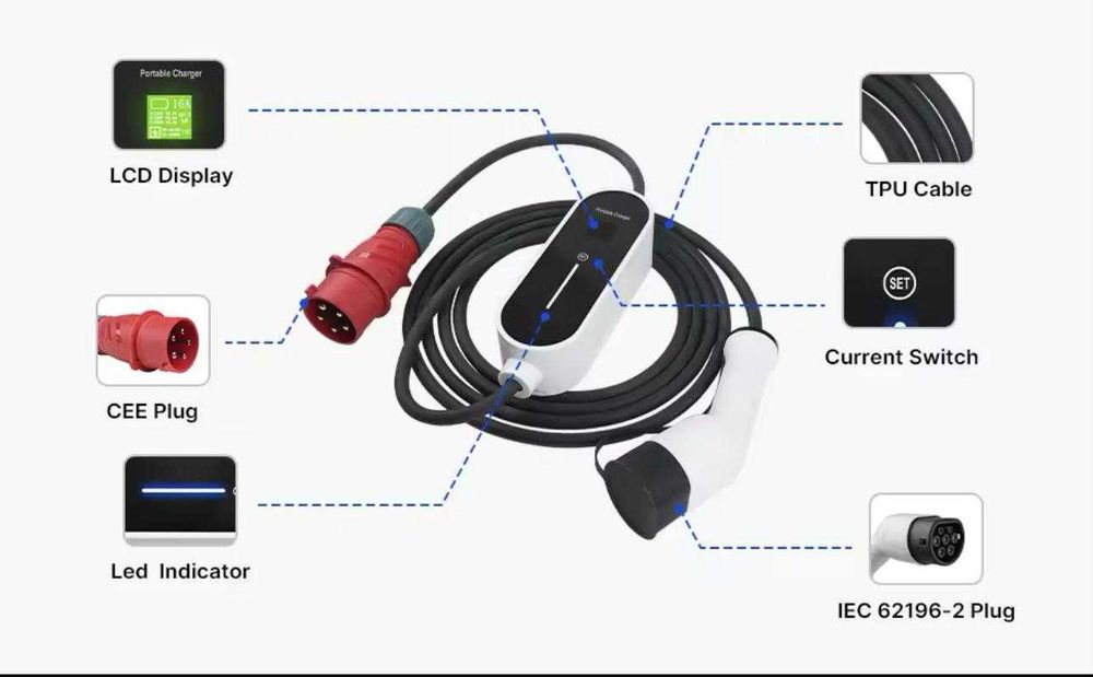 Carregador Portátil 11 kw - 16A -Tipo 2 - Eletricos e Hibridos