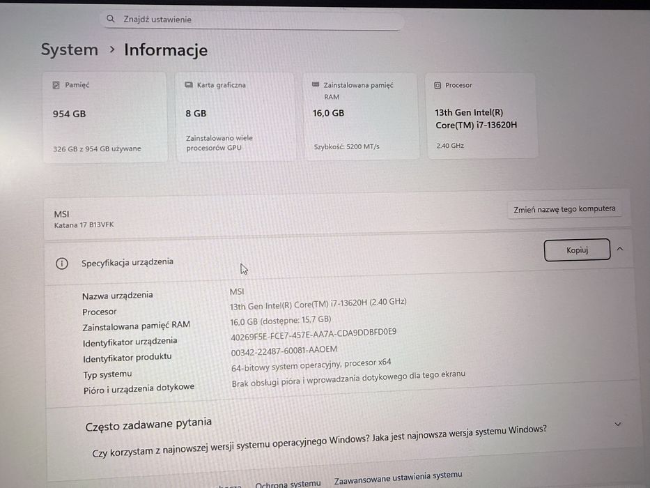 Laptop MSI Katana 17 RTX4060 Podstawka chlodzaca+ myszka