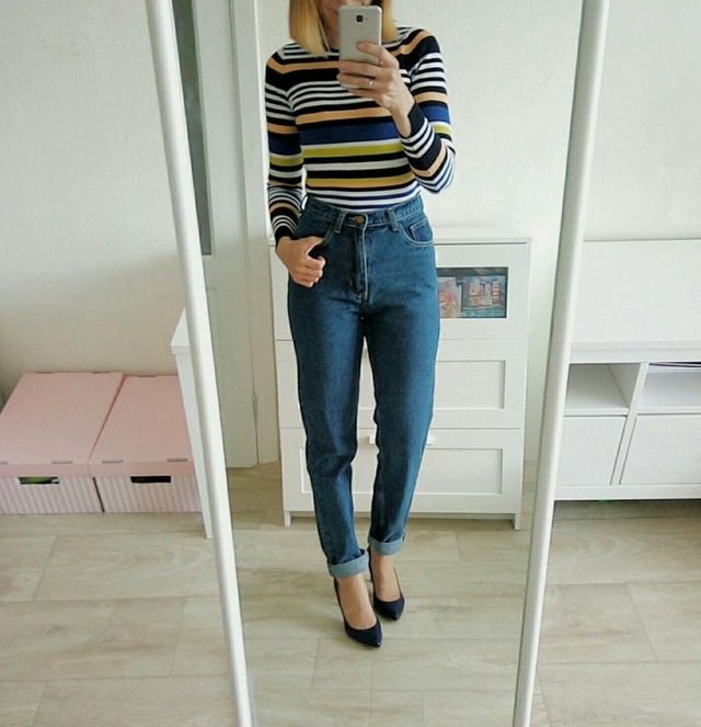 Джинсы Mom fit не тянутся плотные 100% хлопок темно синие deep blue