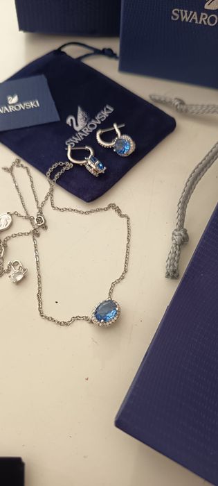 Conjunto Swarovski Original - Colar e Brincos Cristais Azuis
