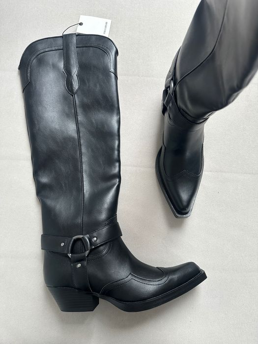 Pull&Bear kowbojki wysokie czarne skóra eko szpic kowbojskie NOWE 38