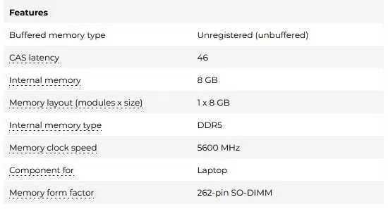 Pamięć RAM 8GB [1x8GB} 5600MHZ CL46 DDR5 SODIMM good