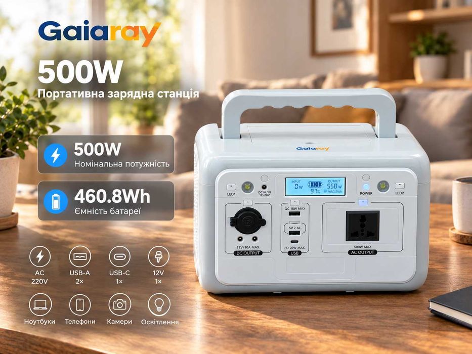 В наявності! Портативна зарядна станція Gaiaray 500(460Wh / 500W, LiFePO4, чиста синусоїда)