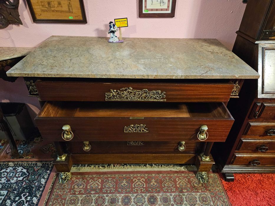 Cómoda antiga estilo Império em madeira e tampo em pedra - Bom estad