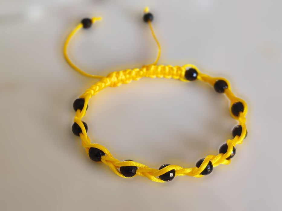 Bransoletka Sznurkowa Makrama Koraliki Szklane Żółta 19 cm Handmade