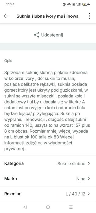 Suknia ślubna gorset muślin L
