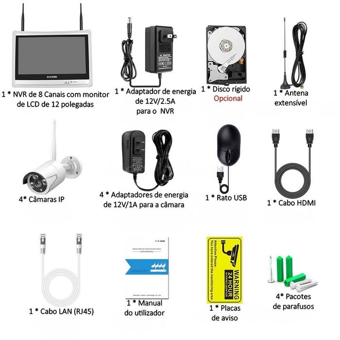 Conjunto 8 Canais ‼️ 4 Câmaras + Ecrã LCD ‼️ WiFi ‼️ Deteção Movimento