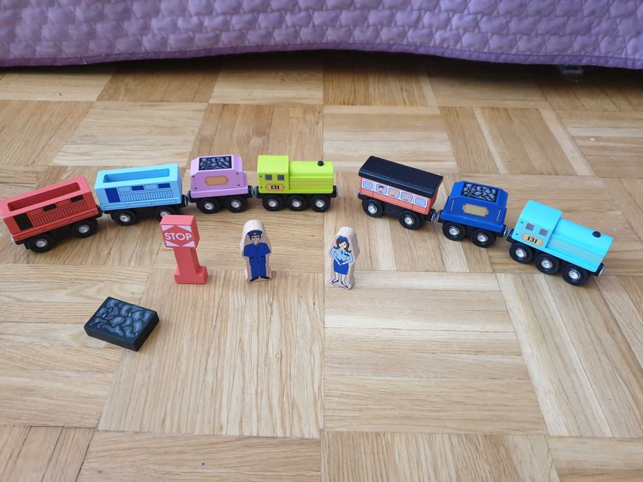 Drewniany Pociąg Magnetyczny Kolejka Elefun Wagoniki Figurki Magnes