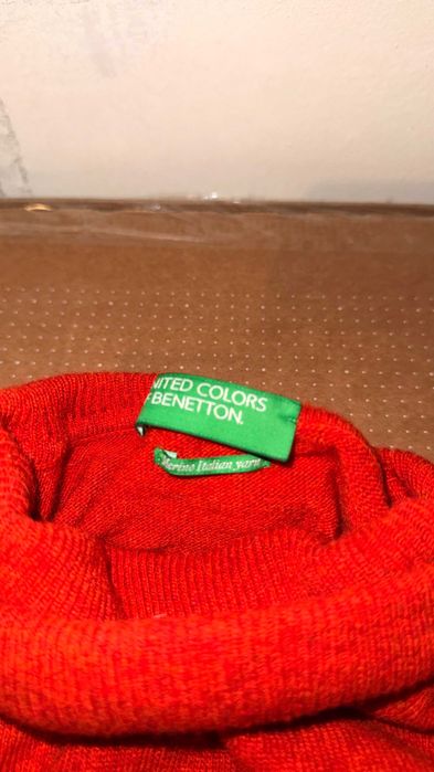 Golf Benetton S męski, wełna merino, czerwony – jak nowy