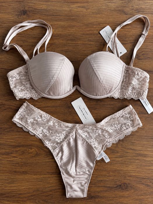 Intimissimi  komplet biustonosz balkonetka 80B  majtki stringi brazyliany 40 L  różowy beżowy