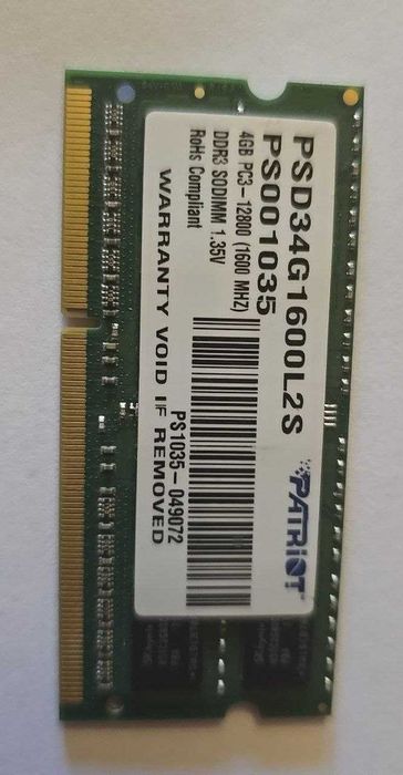 Пам'ять  patriot 4gb so-dimm ddr3l 1600 mhz (psd34g1600l2s)