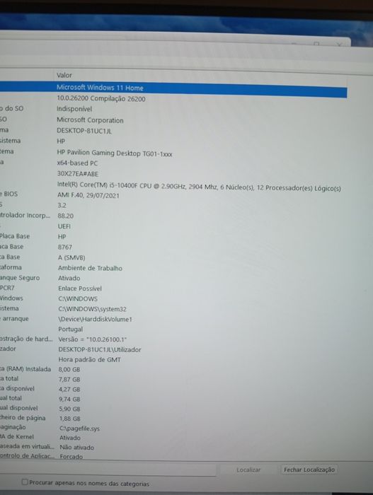 HP Pavilion Gaming Desktop PC TG01-1038ns com processador i5 10400F.