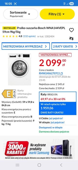 Pralko- suszarka Bosh WNA144VEPL