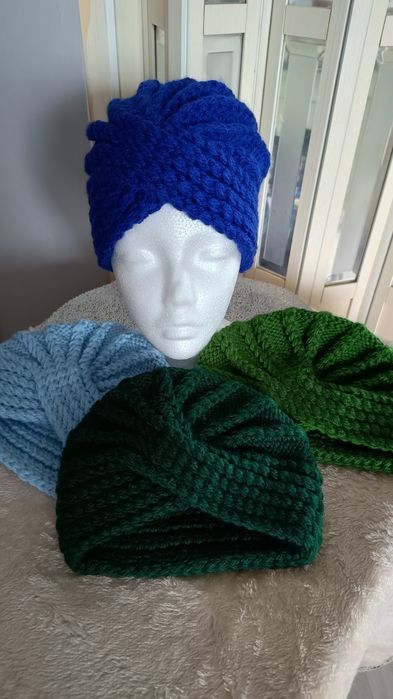 Czapka - turban, nowa, robiona ręcznie drutami.