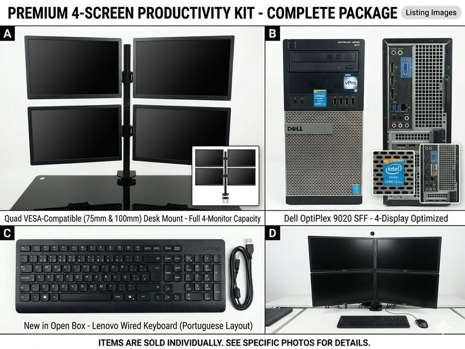 Complete 4-Screen Productivity Station | Dell OptiPlex i5 vPro + Quad Monitor Mount