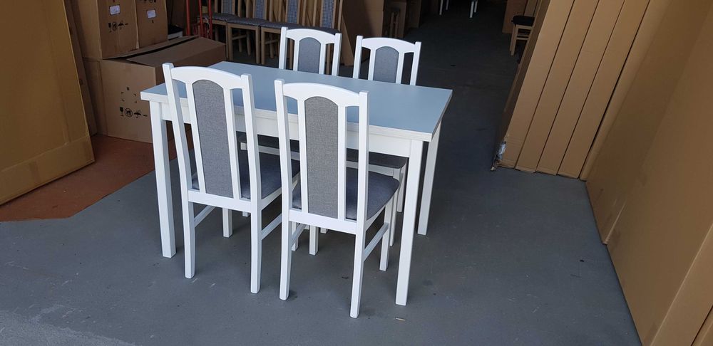 NOWE : STÓŁ + 4 KRZESŁA , BIAŁY + SZARY , transport cała Polska