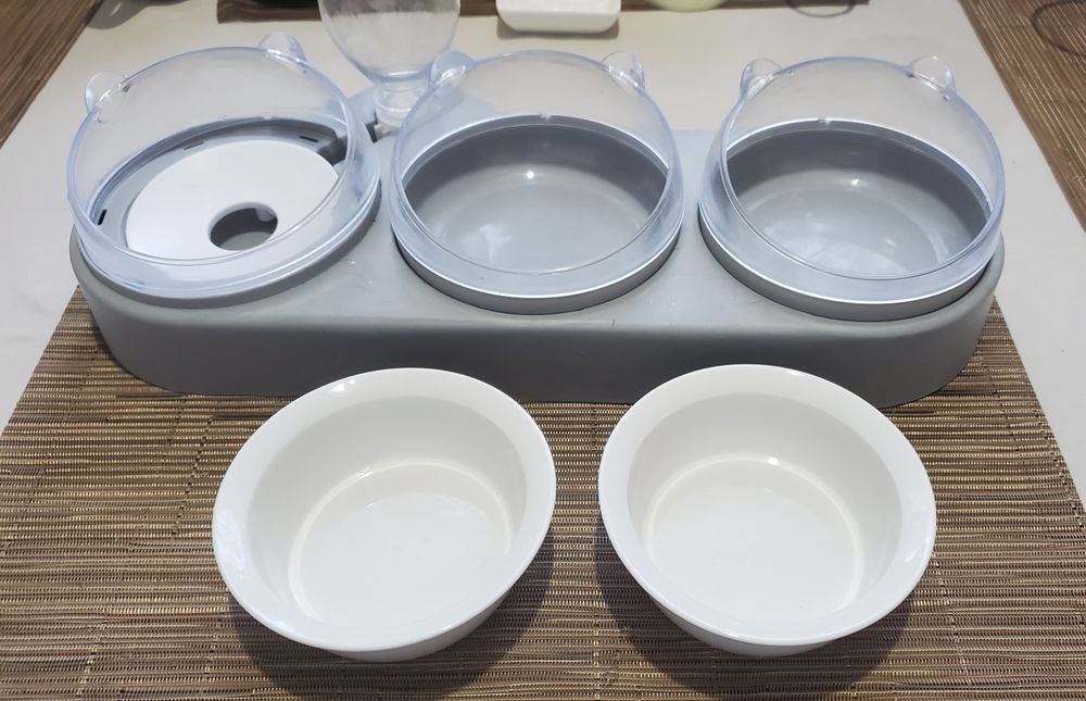 Кормушка для котів на 2 миски з автопоїлкою (кераміка+пластик)