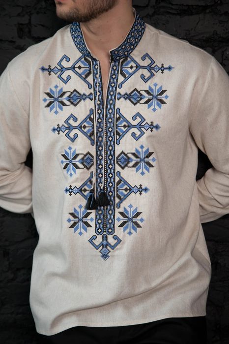 Чоловіча вишита сорочка вишиванка льон бежева • Мужская вышиванка лен