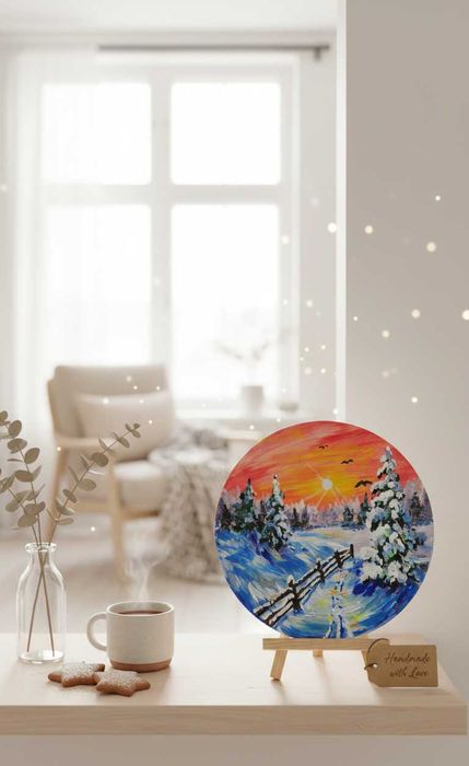 Картина коло 15 см акрилом "Зимова казка" | Ручна робота | Подарунок