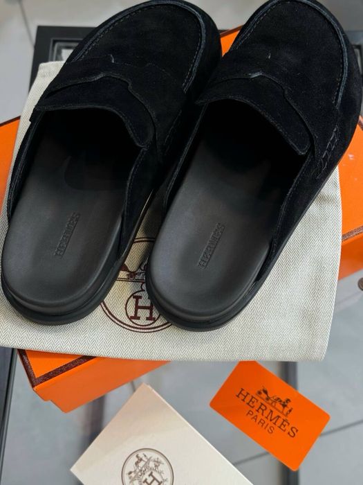 Шльопанці сабо hermes (в наявності) мюлі шипри замша чорні 38