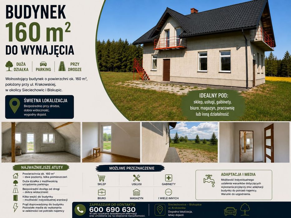 Budynek 160 m² z parkingiem – wynajem na działalność | okolice Krakowa
