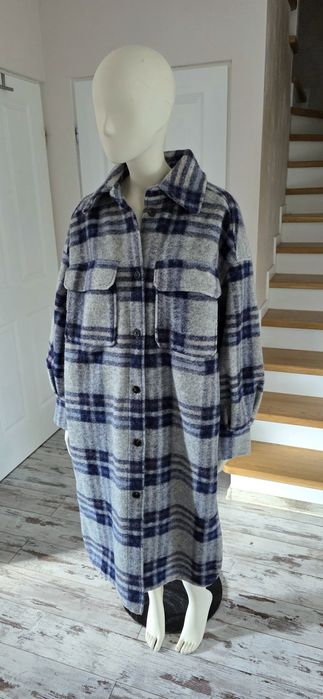 H&M, szaro niebieski płaszcz koszulowy oversize, kocykowy, w kratkę M