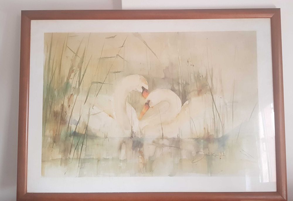 Quadro Jan Koistra "Os Cisnes" oferta da moldura em cerejeira