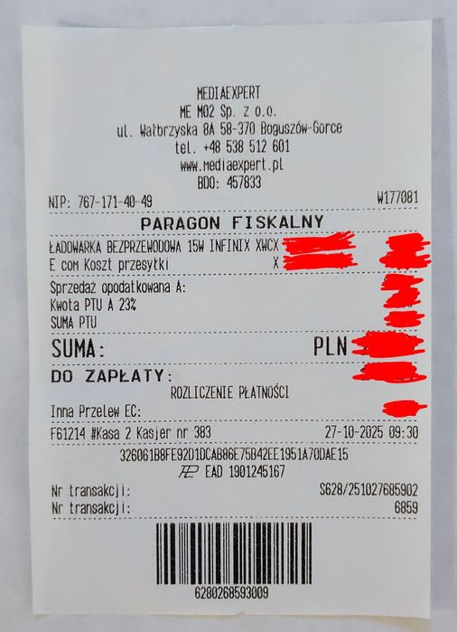 Ładowarka bezprzewodowa wireless charger 15W Qi Infinix XWC01 nowa!!!