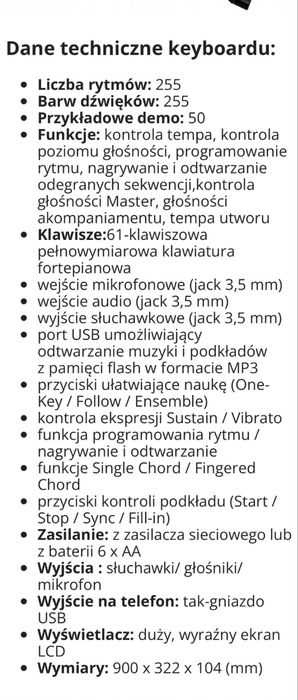 Keyboard Pianino Organy MK-2102 USB Duży zestaw STATYW SIEDZISKO NAKLEJKI