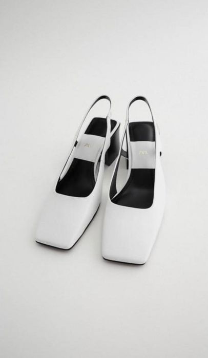 Zara шкіряні туфлі білі з квадратним каблуком та носком