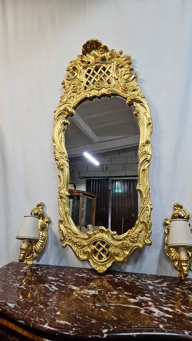 Stare Piękne Lustro rama rzeźbiona Duże konkretne dwa kinkiety komplet