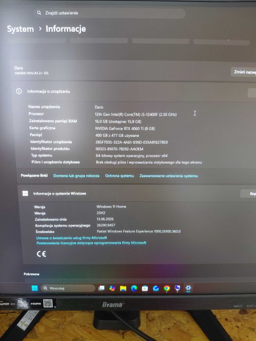 Wydajny Komputer Gamingowy RTX 4060 Ti | i5-12400F | 16GB RAM | Windows 11