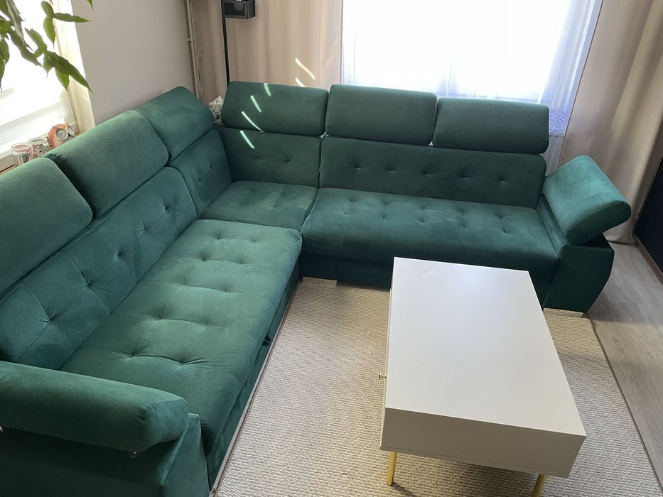 Narożnik duży Aslan, butelkowa zieleń, f. spania, ruchome zagłówki :)